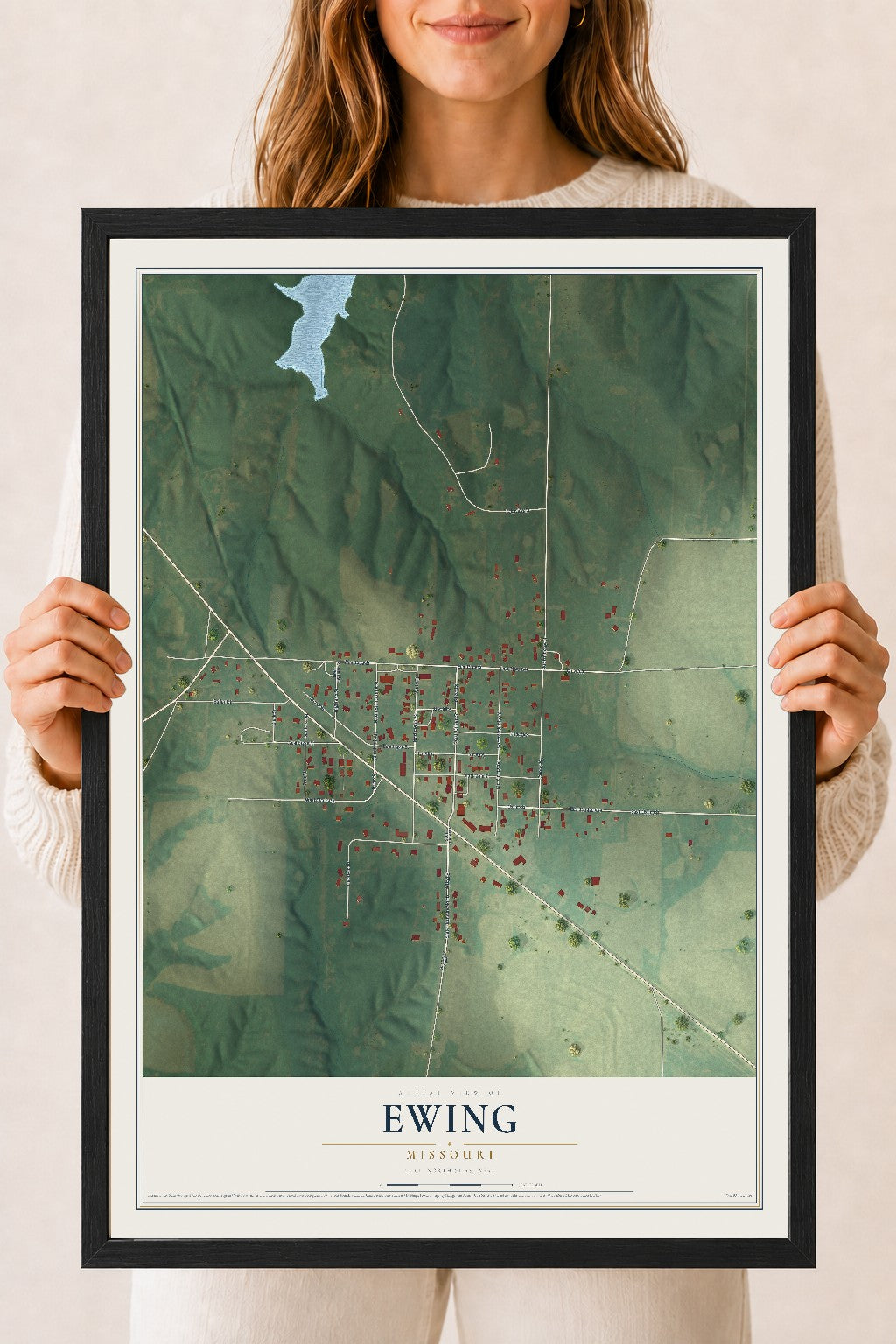 Map of Ewing, Missouri, 18 x 24 inch print in a black wood frame