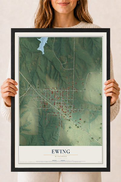 Map of Ewing, Missouri, 18 x 24 inch print in a black wood frame