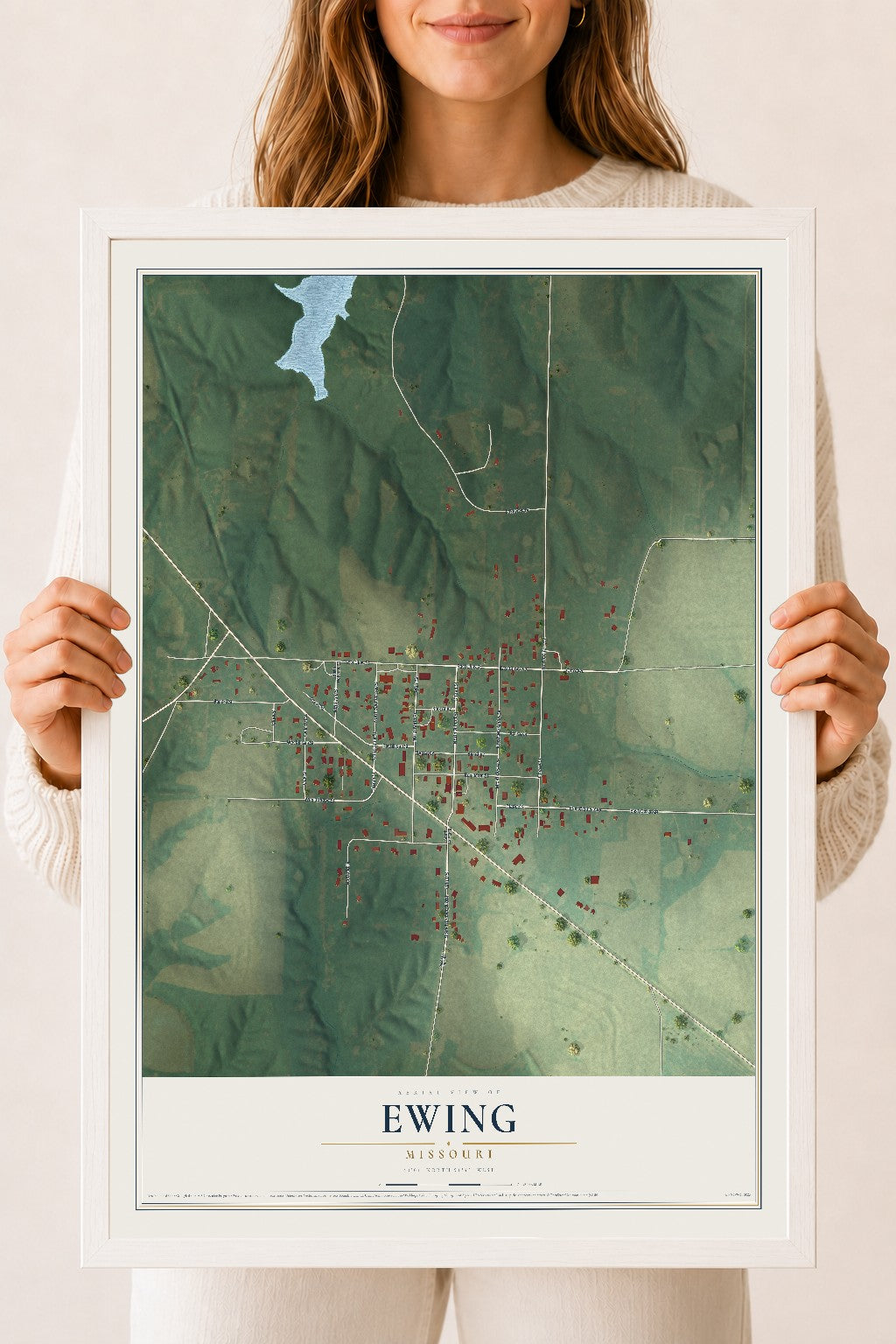 Map of Ewing, Missouri, 18 x 24 inch print in a white wood frame