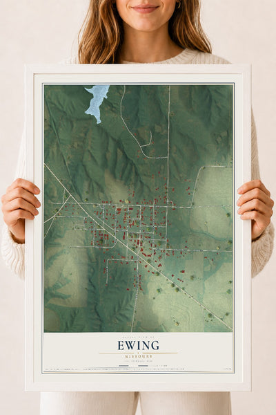 Map of Ewing, Missouri, 18 x 24 inch print in a white wood frame