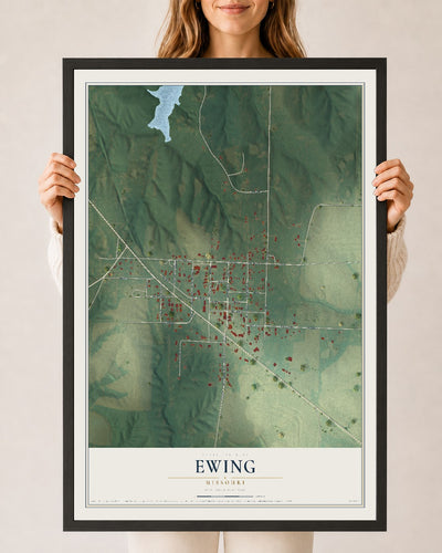 Map of Ewing, Missouri, 24 x 36 inch print in a black wood frame