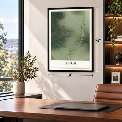 Excello, Missouri map, 18 x 24 inch print in a black frame in a home office