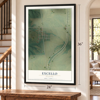 Excello, Missouri map, 24 x 36 inch print in a black frame by a staircase
