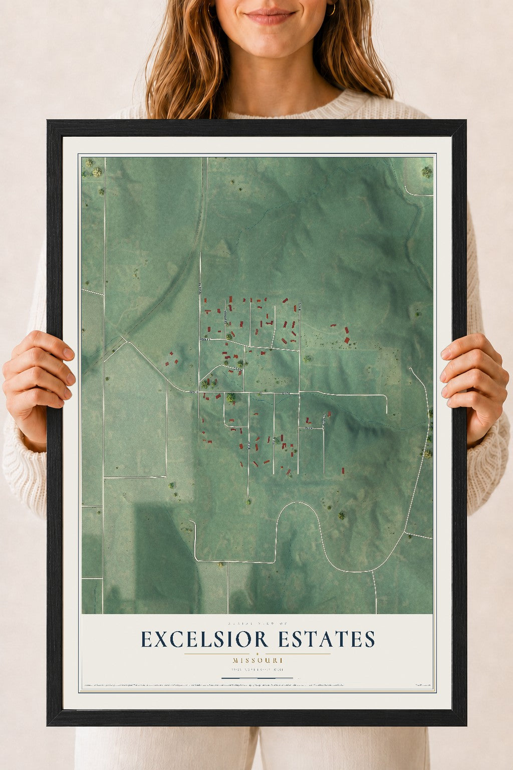 Map of Excelsior Estates, Missouri, 18 x 24 inch print in a black wood frame