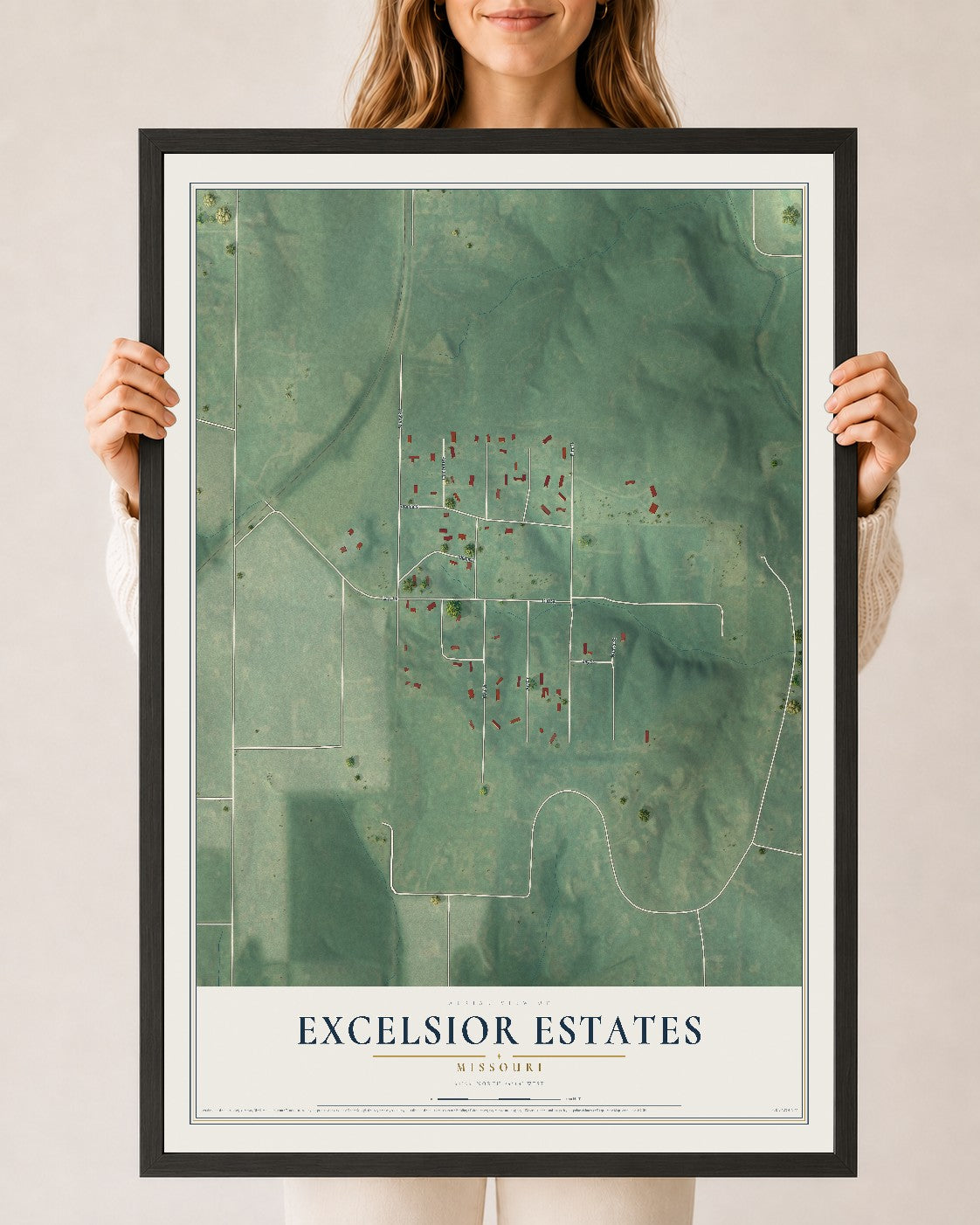 Map of Excelsior Estates, Missouri, 24 x 36 inch print in a black wood frame