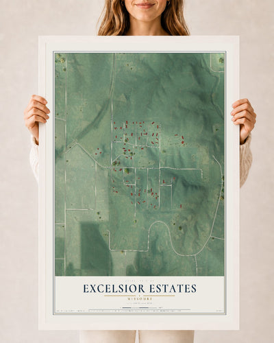 Map of Excelsior Estates, Missouri, 24 x 36 inch print in a white wood frame