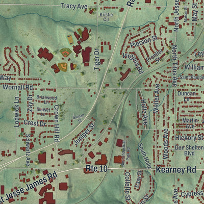 Close-up of the map of Excelsior Springs, Missouri print showing street and building detail