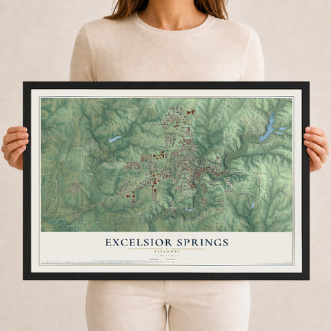 Map of Excelsior Springs, Missouri, 12 x 18 inch print in a black wood frame