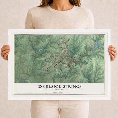 Map of Excelsior Springs, Missouri, 12 x 18 inch print in a white wood frame