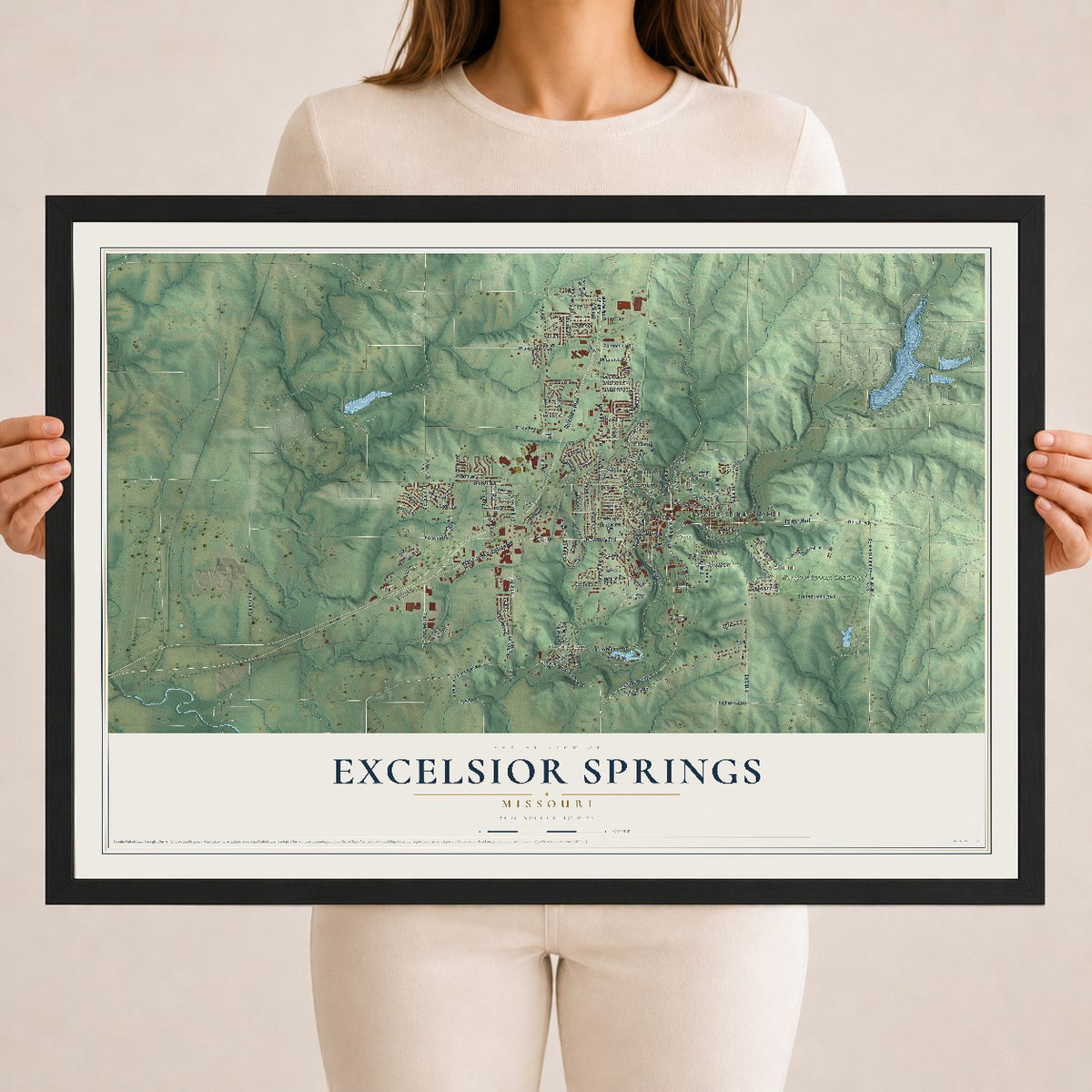 Map of Excelsior Springs, Missouri, 18 x 24 inch print in a black wood frame