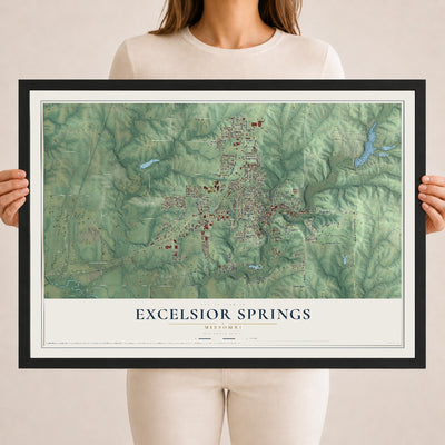 Map of Excelsior Springs, Missouri, 18 x 24 inch print in a black wood frame