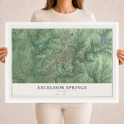 Map of Excelsior Springs, Missouri, 18 x 24 inch print in a white wood frame