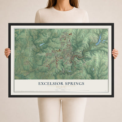 Map of Excelsior Springs, Missouri, 24 x 36 inch print in a black wood frame