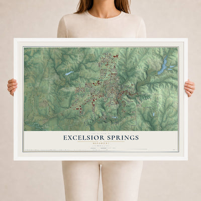 Map of Excelsior Springs, Missouri, 24 x 36 inch print in a white wood frame