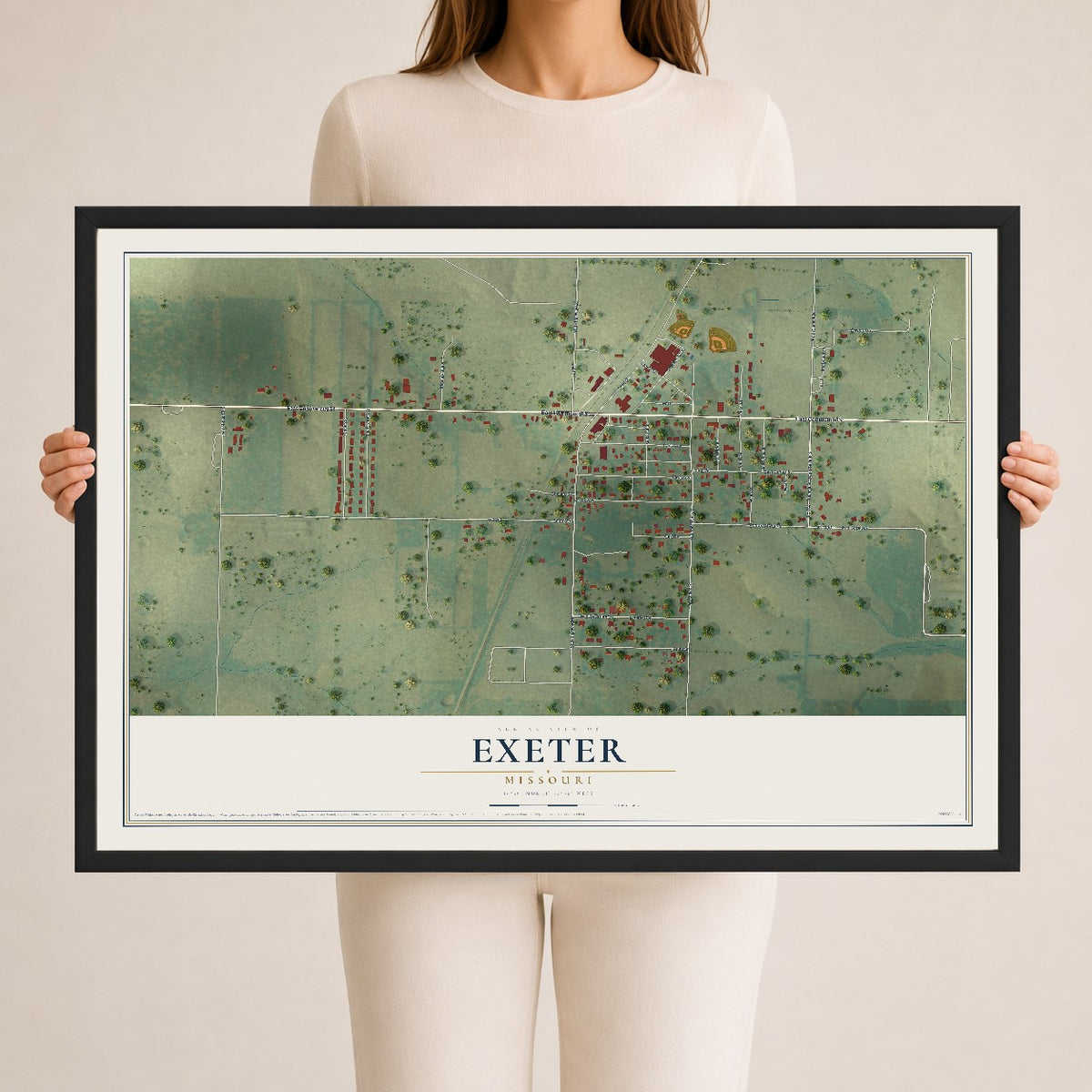 Map of Exeter, Missouri, 24 x 36 inch print in a black wood frame