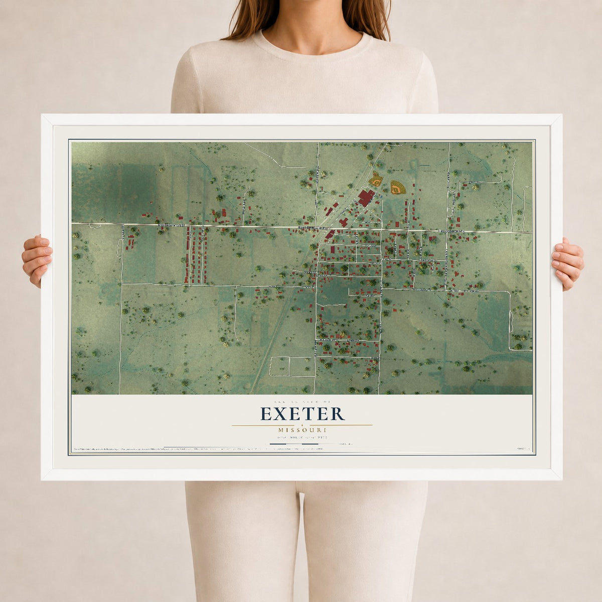 Map of Exeter, Missouri, 24 x 36 inch print in a white wood frame