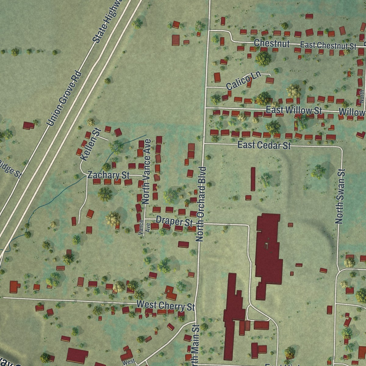 Close-up of the map of Fair Grove, Missouri print showing street and building detail
