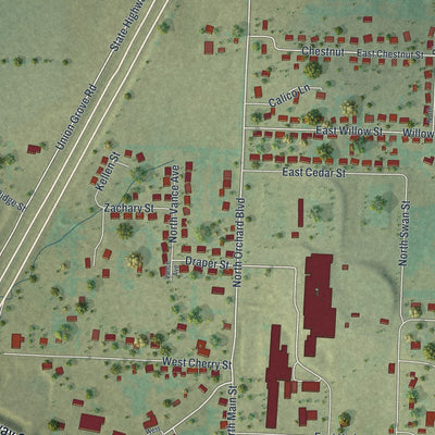 Close-up of the map of Fair Grove, Missouri print showing street and building detail