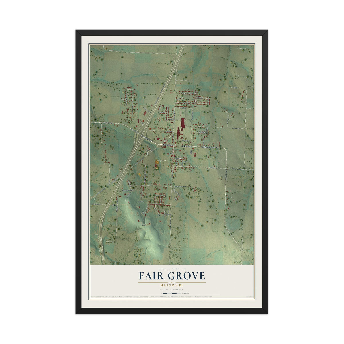 Map of Fair Grove, Missouri, 12 x 18 inch print in a black wood frame