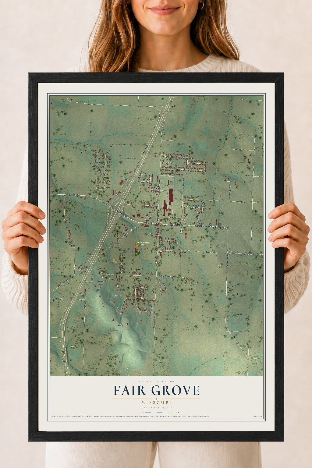 Map of Fair Grove, Missouri, 18 x 24 inch print in a black wood frame