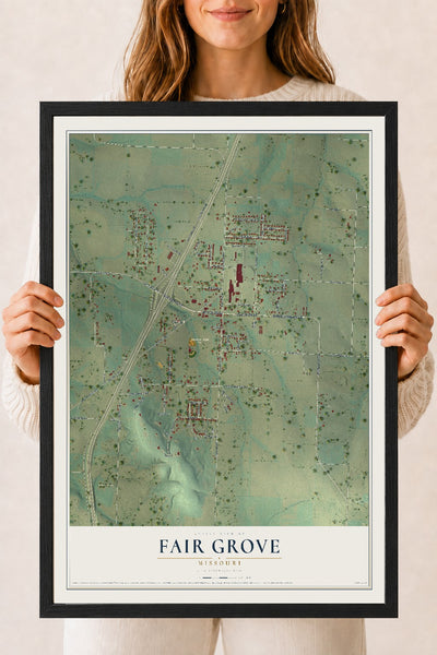 Map of Fair Grove, Missouri, 18 x 24 inch print in a black wood frame