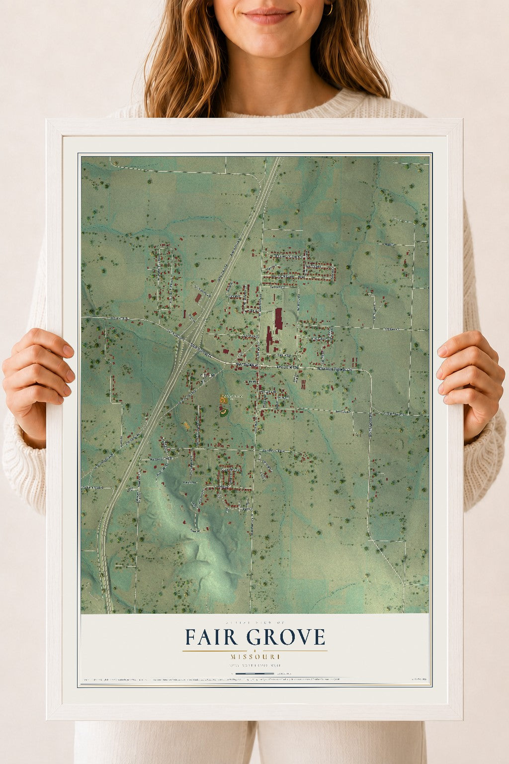 Map of Fair Grove, Missouri, 18 x 24 inch print in a white wood frame