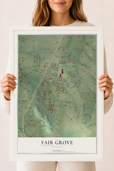 Map of Fair Grove, Missouri, 18 x 24 inch print in a white wood frame