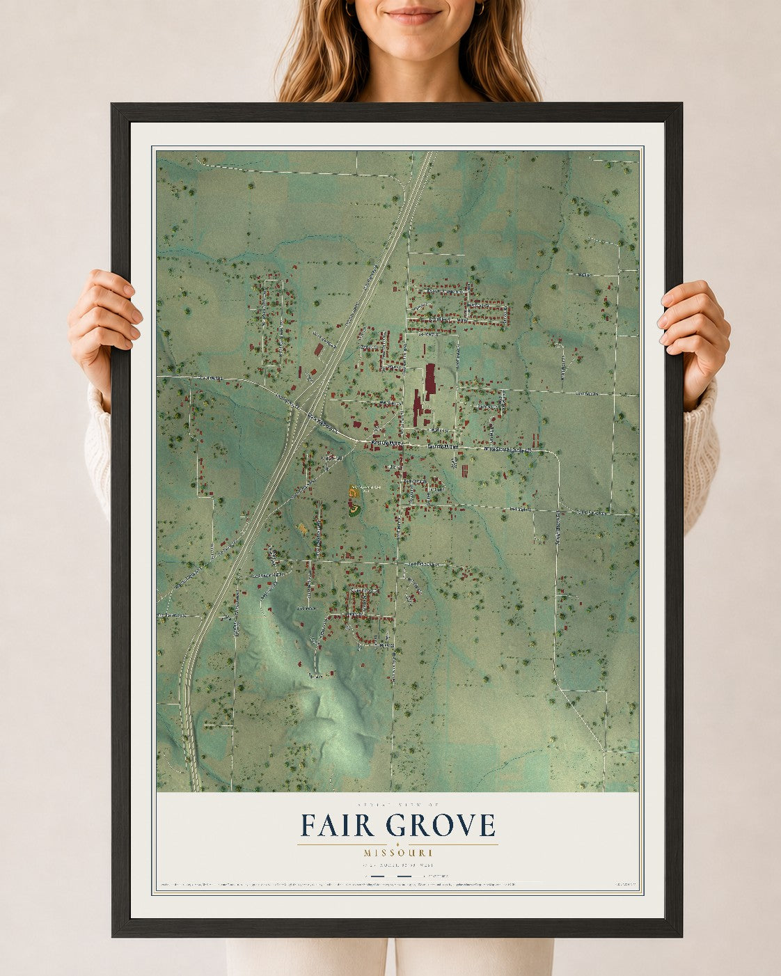 Map of Fair Grove, Missouri, 24 x 36 inch print in a black wood frame