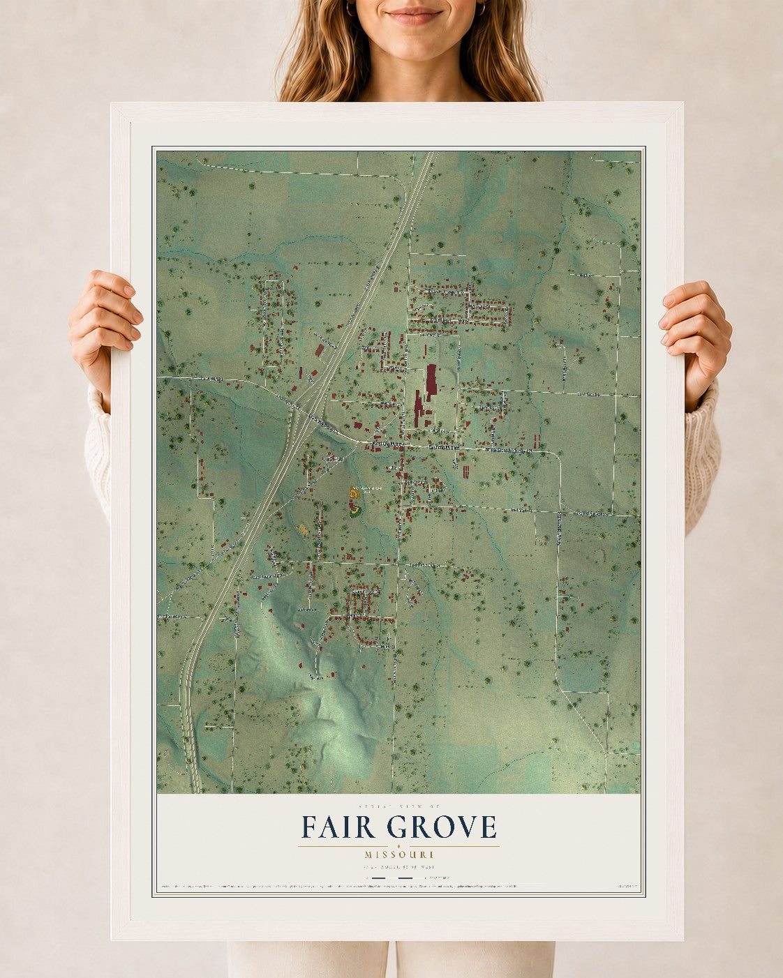 Map of Fair Grove, Missouri, 24 x 36 inch print in a white wood frame