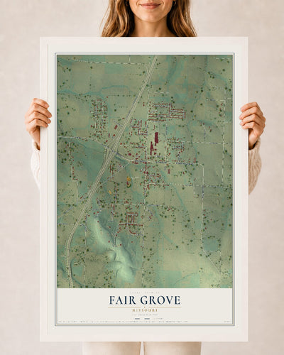Map of Fair Grove, Missouri, 24 x 36 inch print in a white wood frame