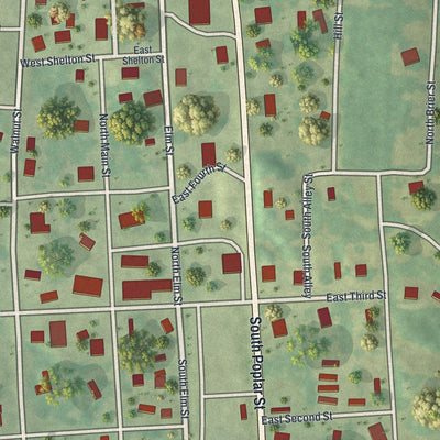 Close-up of the map of Fair Play, Missouri print showing street and building detail