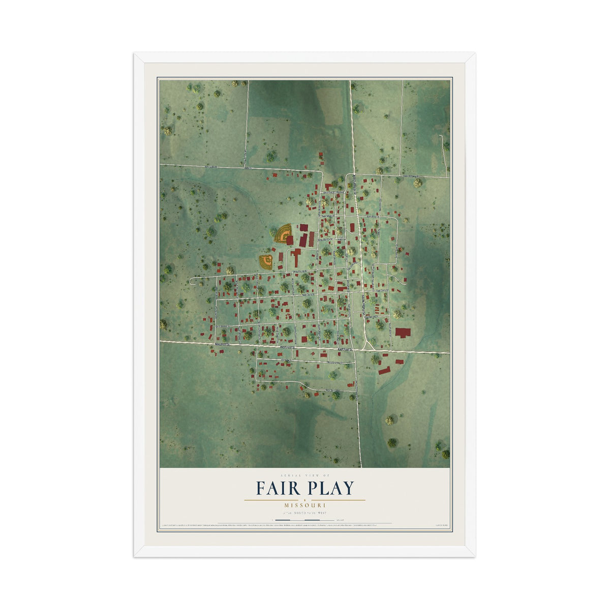 Map of Fair Play, Missouri, 12 x 18 inch print in a white wood frame