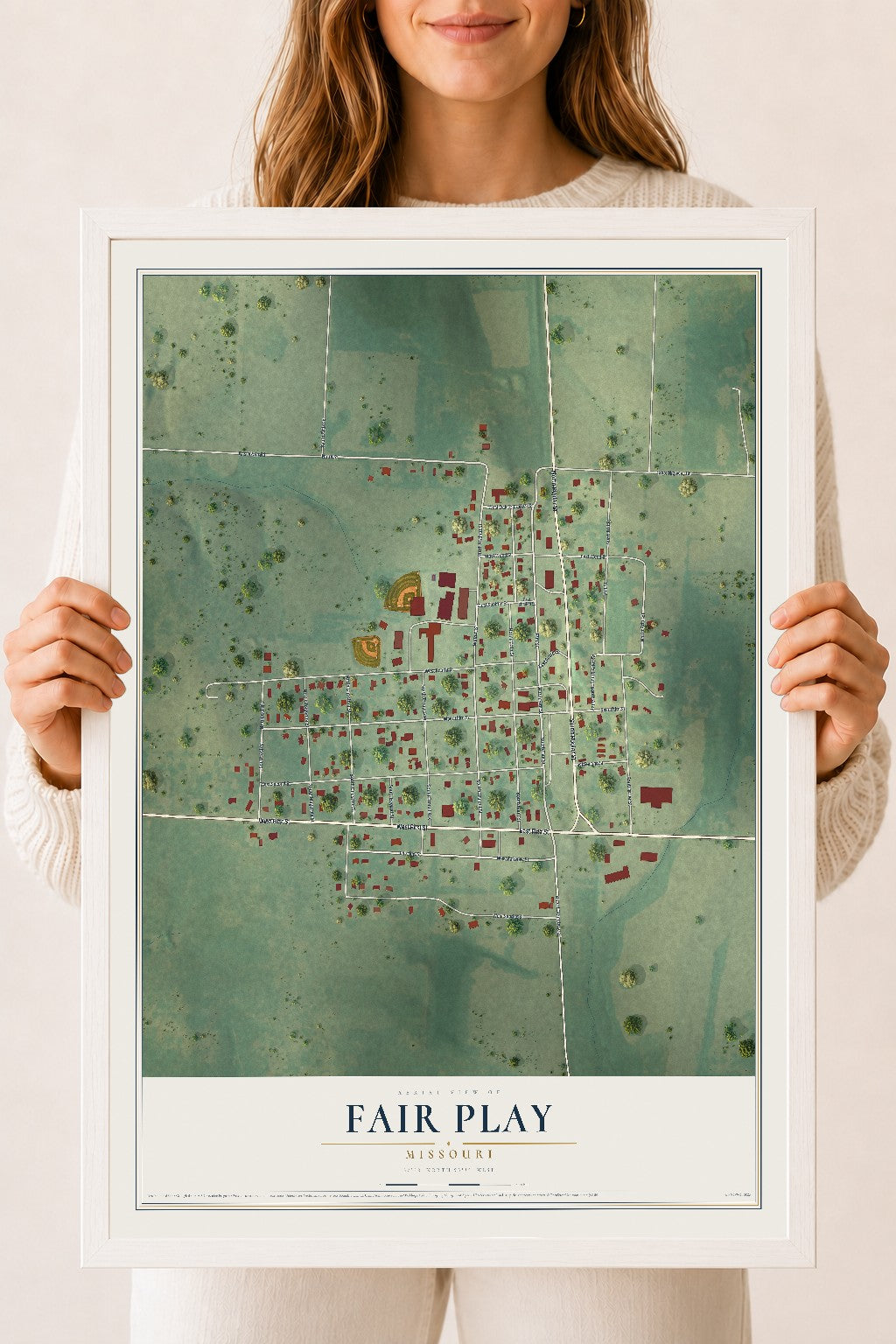 Map of Fair Play, Missouri, 18 x 24 inch print in a white wood frame