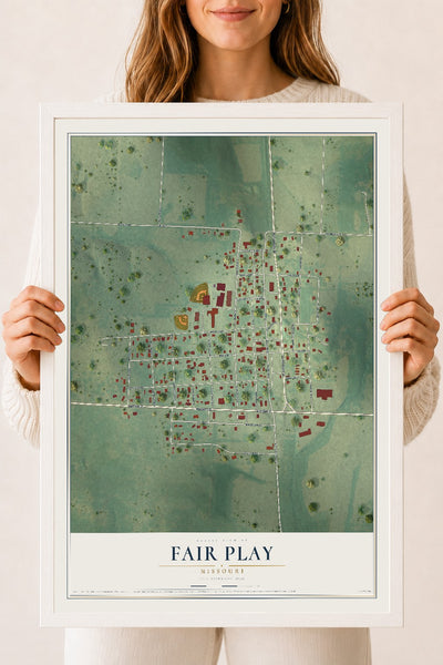 Map of Fair Play, Missouri, 18 x 24 inch print in a white wood frame