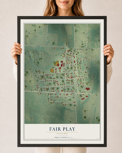 Map of Fair Play, Missouri, 24 x 36 inch print in a black wood frame
