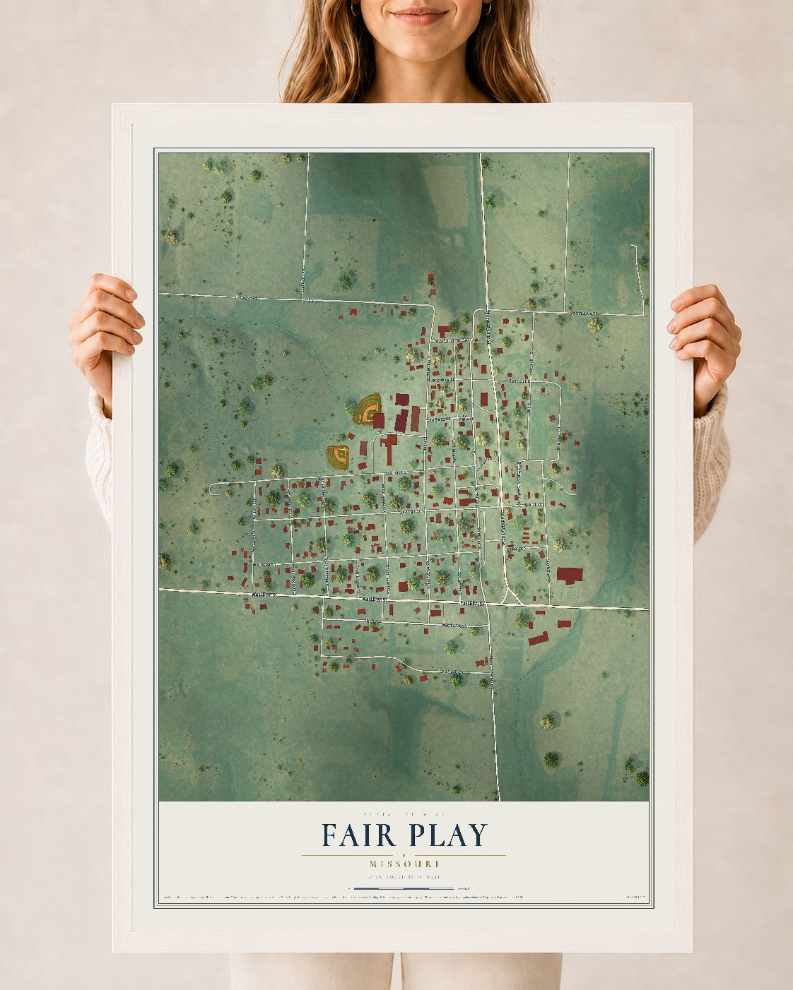 Map of Fair Play, Missouri, 24 x 36 inch print in a white wood frame