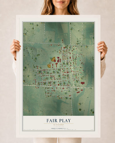 Map of Fair Play, Missouri, 24 x 36 inch print in a white wood frame