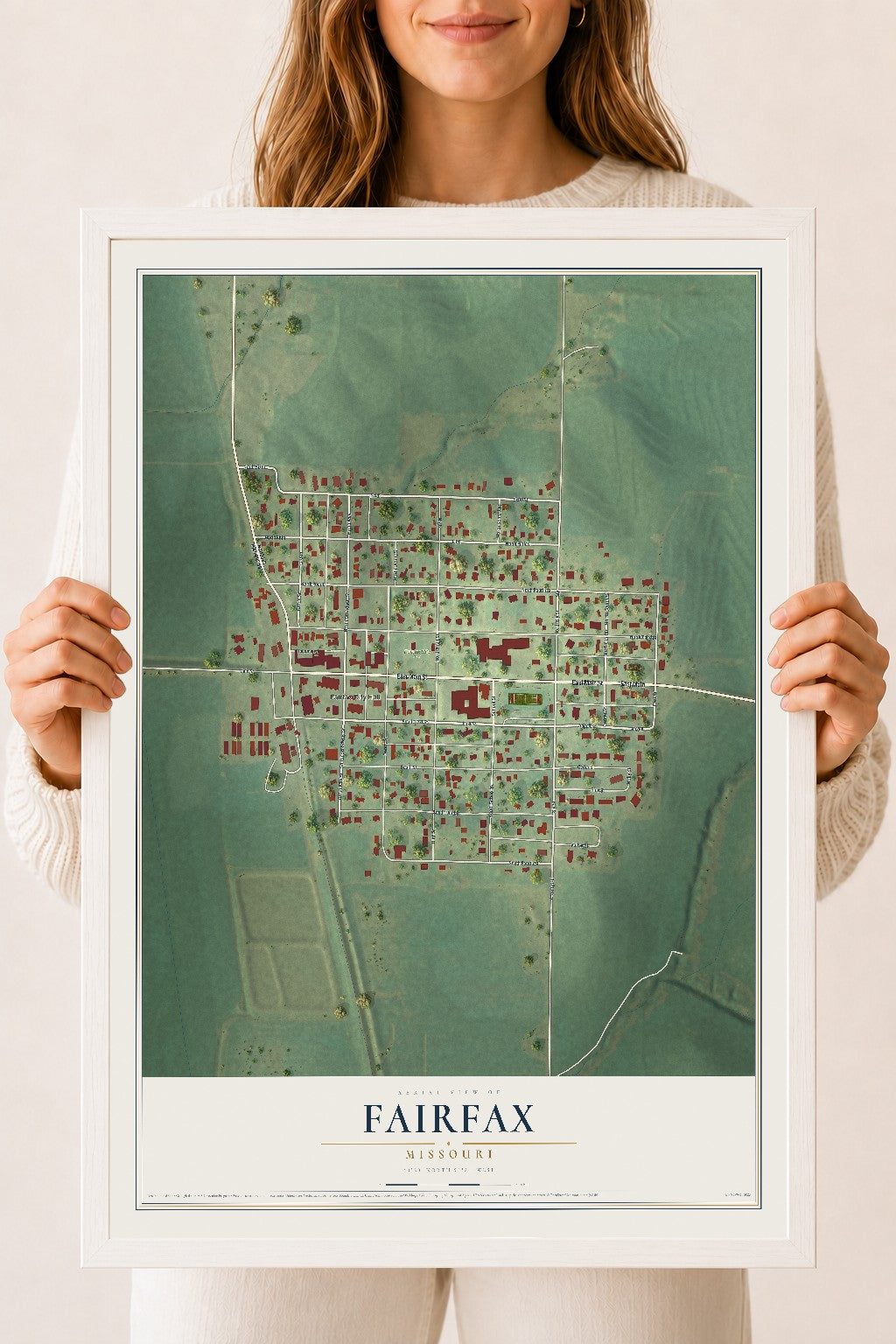 Map of Fairfax, Missouri, 18 x 24 inch print in a white wood frame