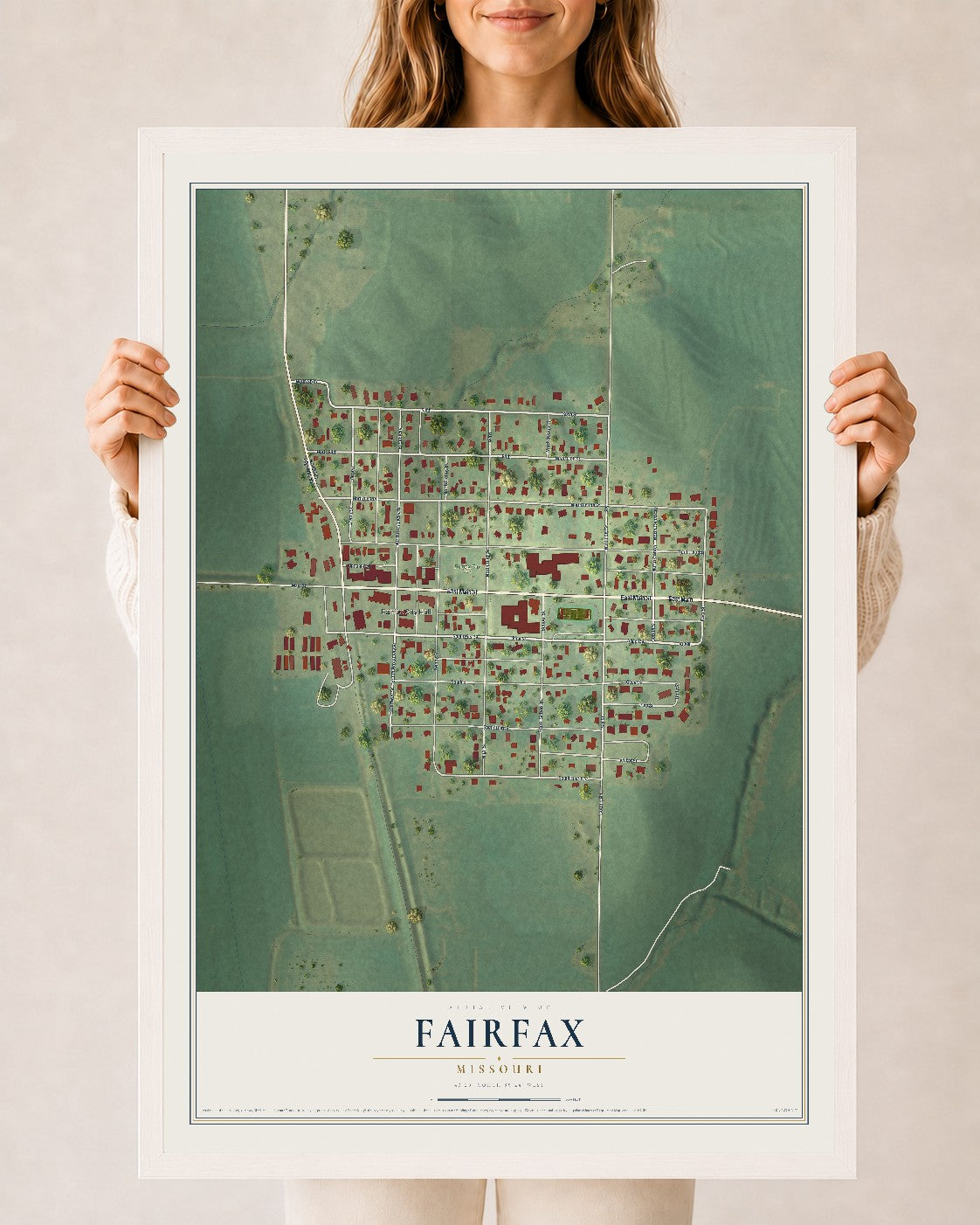 Map of Fairfax, Missouri, 24 x 36 inch print in a white wood frame