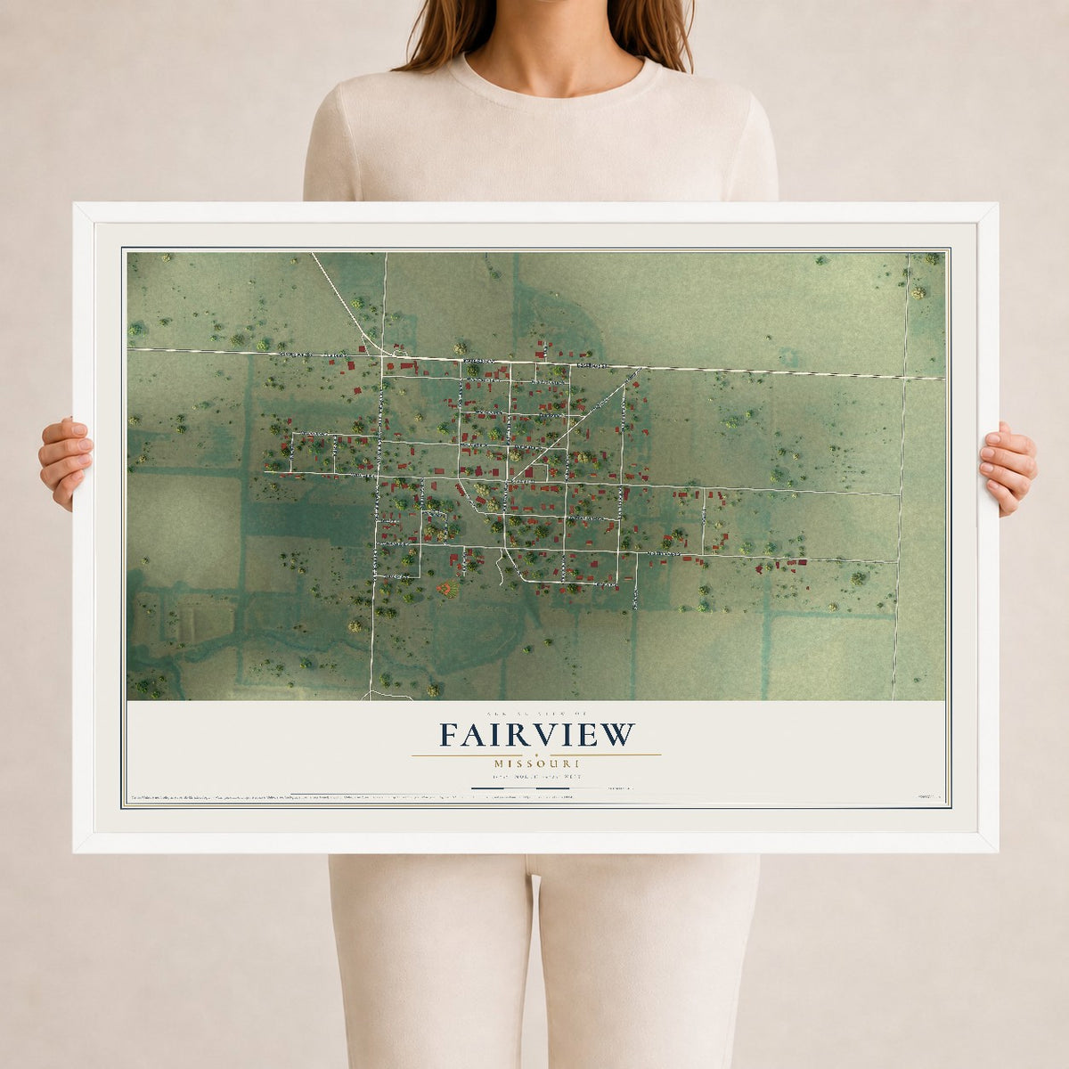 Map of Fairview, Missouri, 24 x 36 inch print in a white wood frame