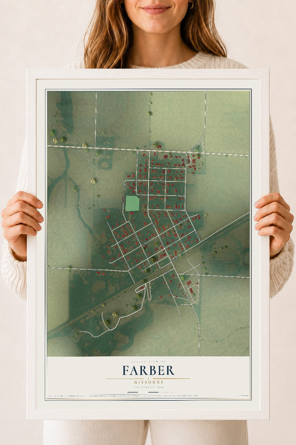 Map of Farber, Missouri, 18 x 24 inch print in a white wood frame