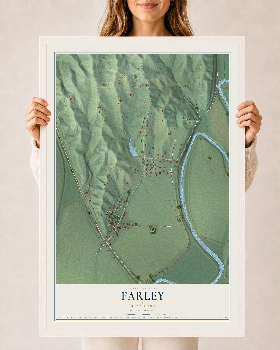 Map of Farley, Missouri, 24 x 36 inch print in a white wood frame