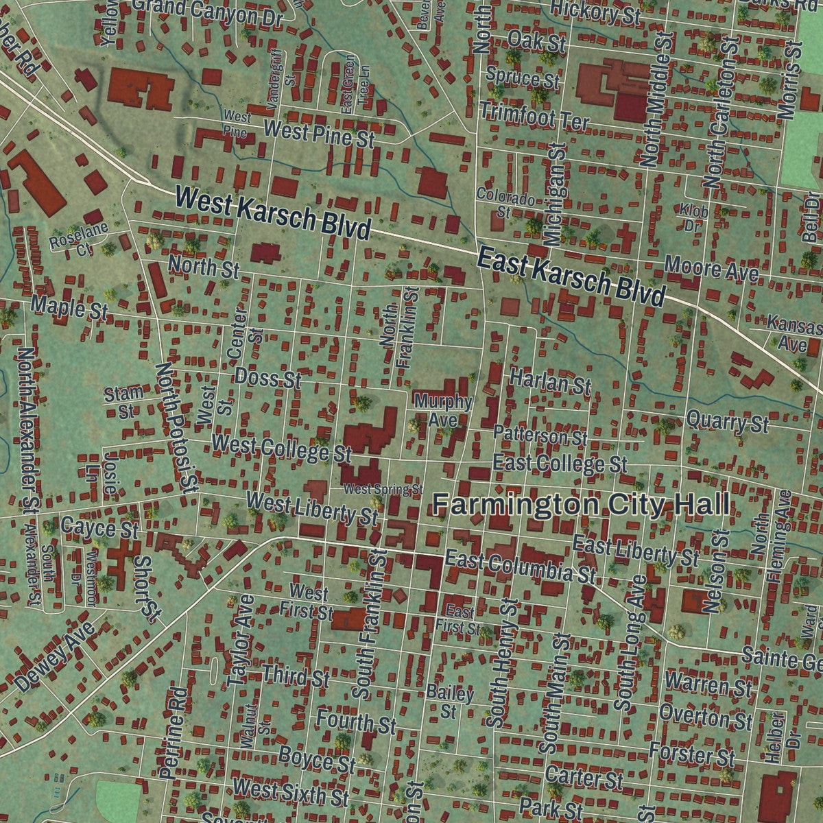 Close-up of the map of Farmington, Missouri print showing street and building detail
