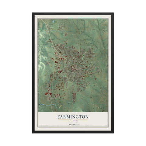 Map of Farmington, Missouri, 12 x 18 inch print in a black wood frame