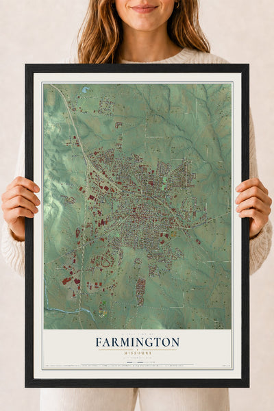 Map of Farmington, Missouri, 18 x 24 inch print in a black wood frame