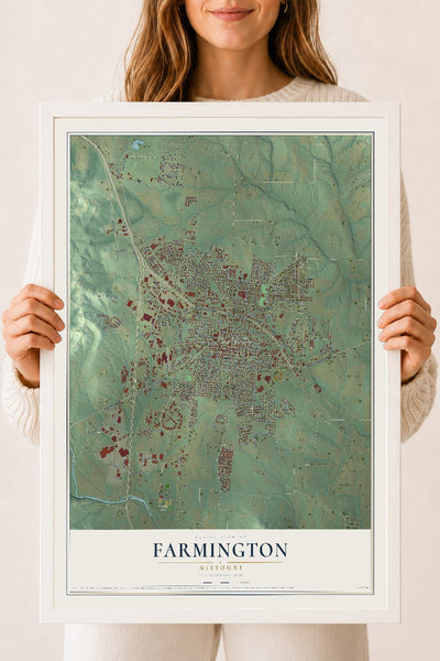 Map of Farmington, Missouri, 18 x 24 inch print in a white wood frame