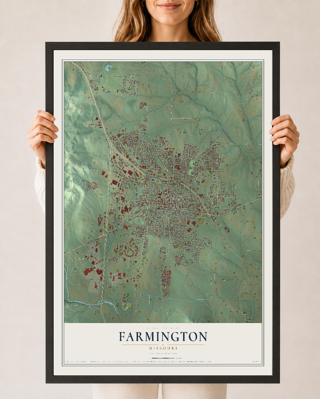 Map of Farmington, Missouri, 24 x 36 inch print in a black wood frame