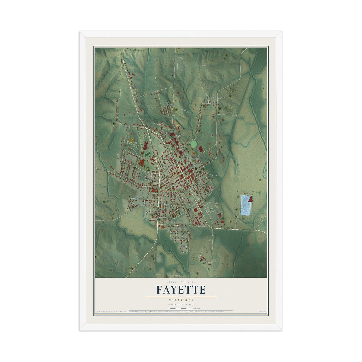 Map of Fayette, Missouri, 12 x 18 inch print in a white wood frame