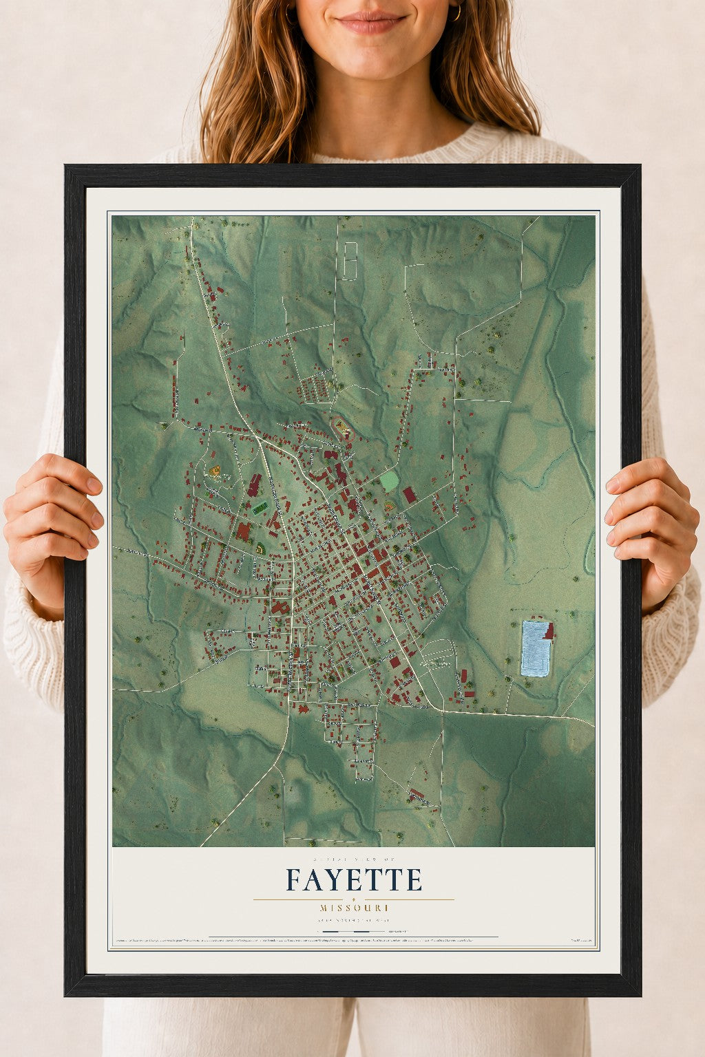 Map of Fayette, Missouri, 18 x 24 inch print in a black wood frame