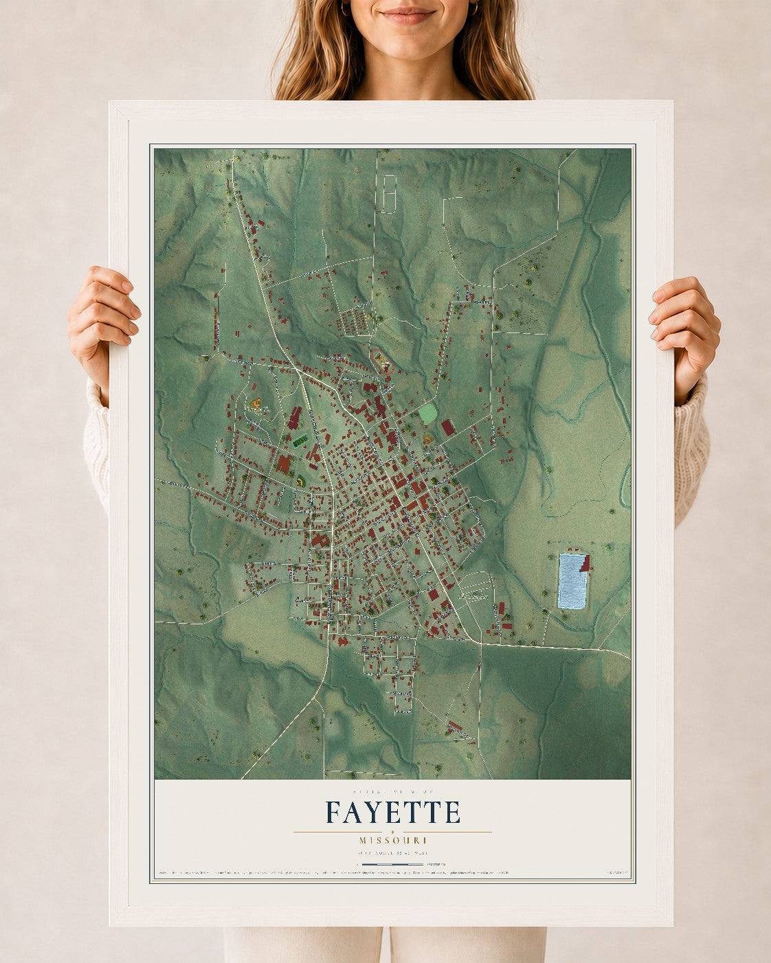 Map of Fayette, Missouri, 24 x 36 inch print in a white wood frame